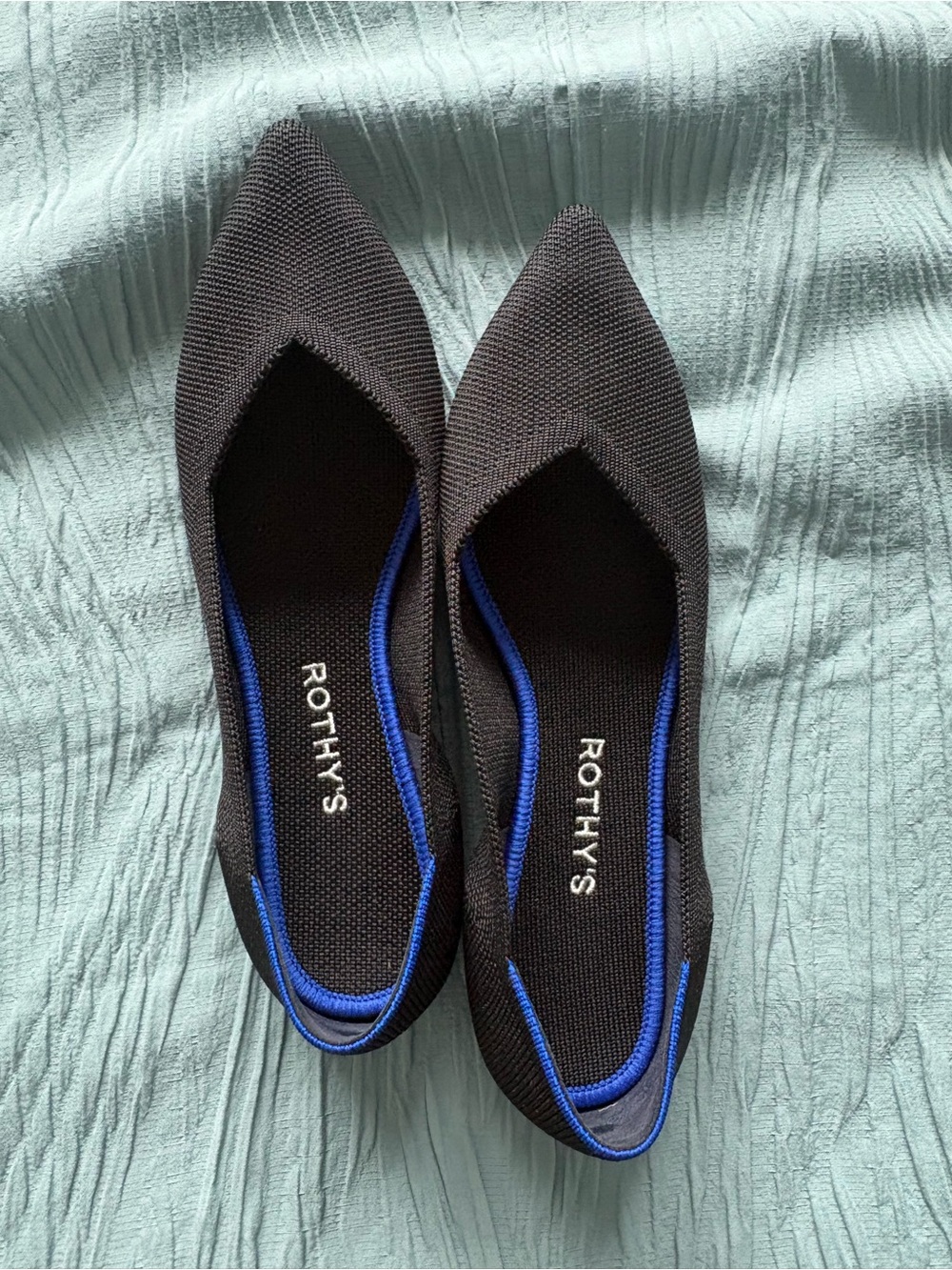 Rothy's Black Pointed Knit Flats with Blue Trim